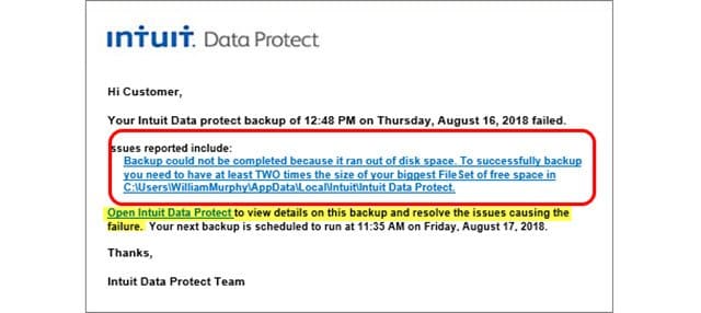 Intuit data protect backup failed