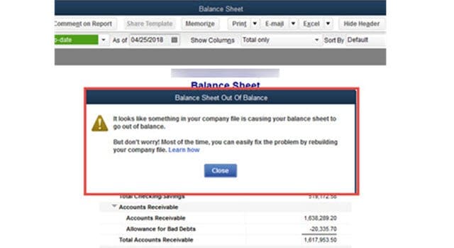 balance sheet out of balance in Quickbooks