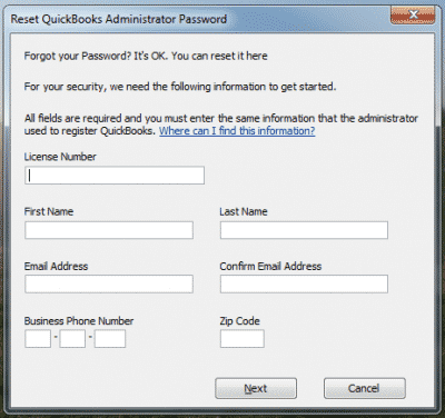 Reset admin password in Quickbooks