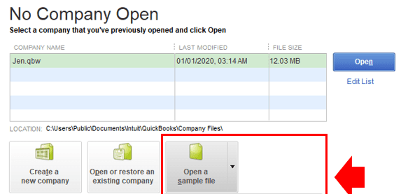 Open Sample File For QuickBooks Portable File