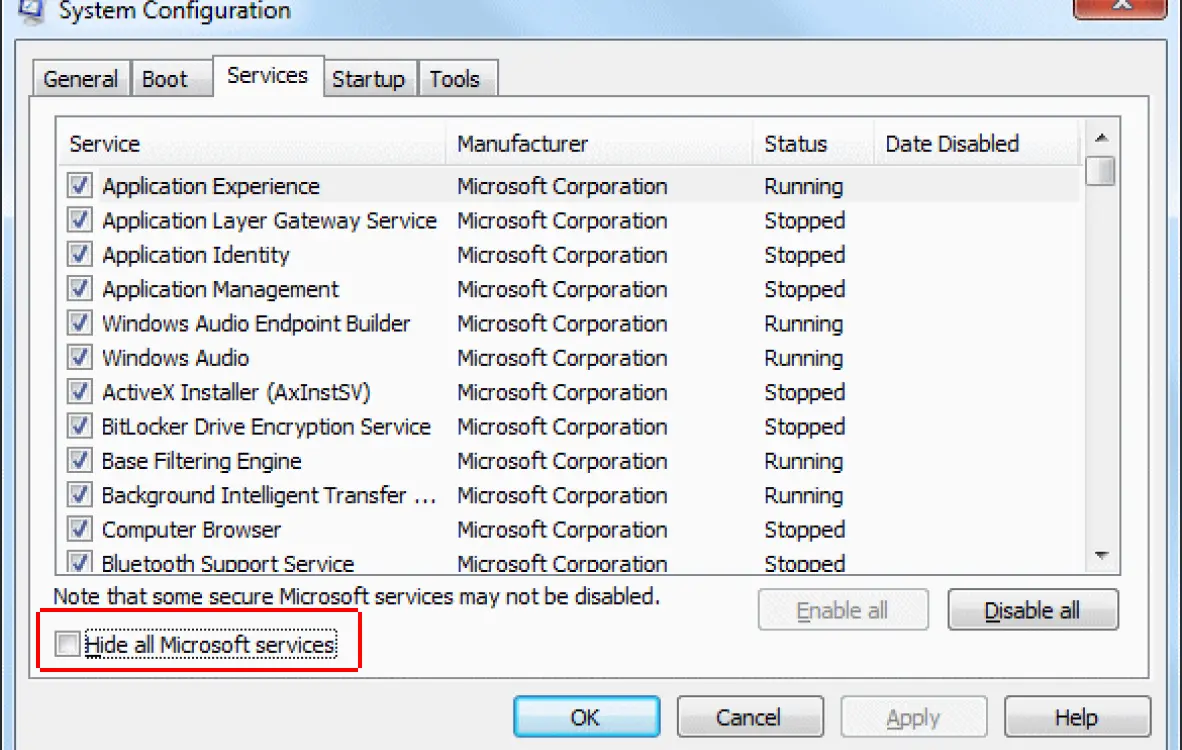 Now, uncheck the “hide all Microsoft services” option. 